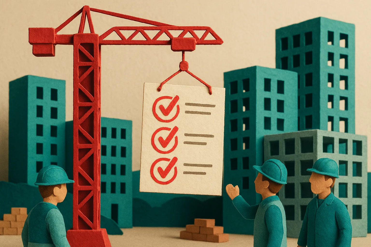 Paper-craft construction site: a red crane lifting an oversized insurance certificate above teal buildings